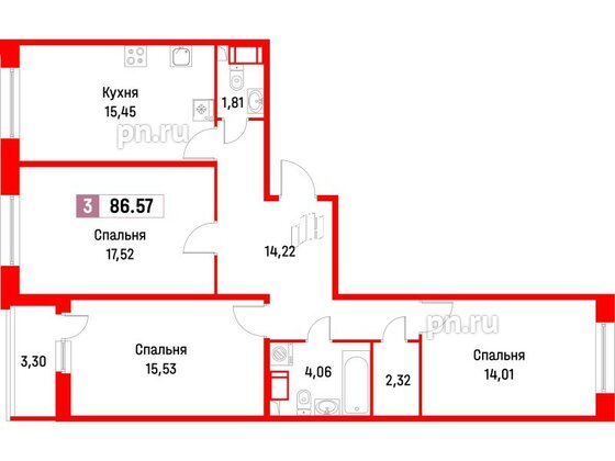 Квартира в ЖК Фотограф, 3 комнатная, 86.57 м², 2 этаж