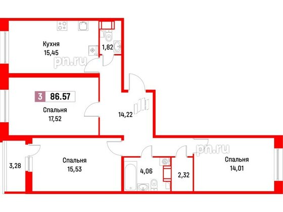 Квартира в ЖК Фотограф, 3 комнатная, 86.57 м², 2 этаж