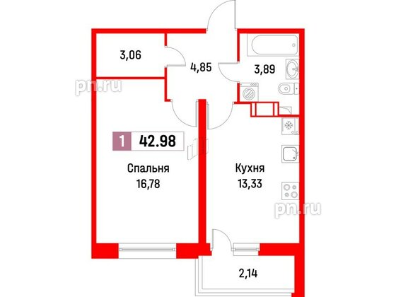 Квартира в ЖК Фотограф, 1 комнатная, 42.98 м², 9 этаж