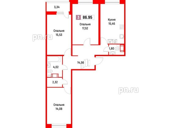 Квартира в ЖК Фотограф, 3 комнатная, 86.95 м², 2 этаж