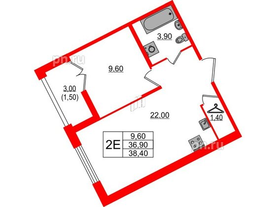 Квартира в ЖК NEWПИТЕР, 1 комнатная, 38.4 м², 2 этаж