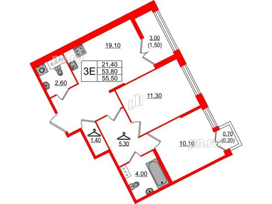 Квартира в ЖК NEWПИТЕР, 2 комнатная, 55.5 м², 7 этаж