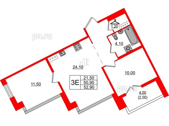 Квартира в ЖК NEWПИТЕР, 2 комнатная, 52.9 м², 3 этаж