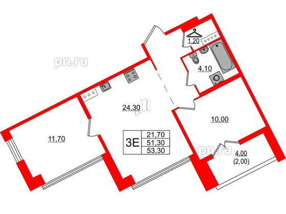 Квартира в ЖК NEWПИТЕР, 2 комнатная, 53.3 м², 6 этаж