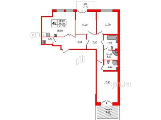 Квартира в ЖК NEWПИТЕР, 3 комнатная, 91.1 м², 2 этаж