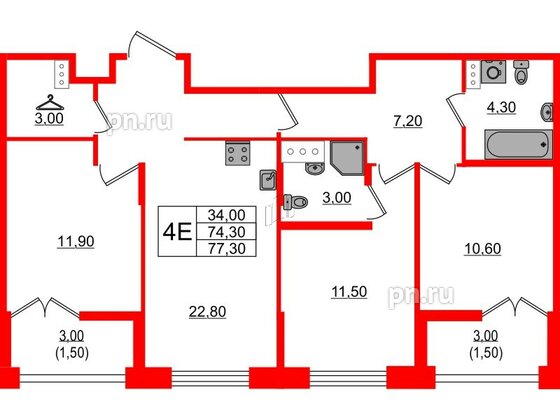 Квартира в ЖК NEWПИТЕР, 3 комнатная, 77.3 м², 4 этаж