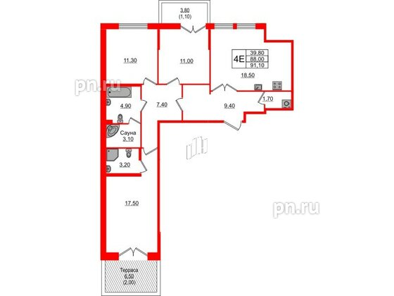 Квартира в ЖК NEWПИТЕР, 3 комнатная, 91.1 м², 2 этаж