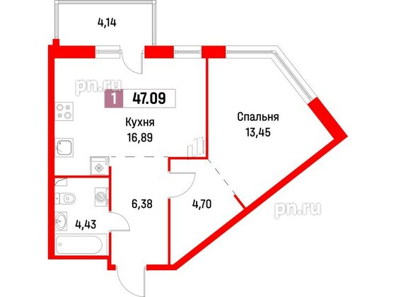 Квартира в ЖК Фотограф, 1 комнатная, 47.09 м², 2 этаж