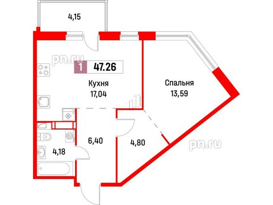 Квартира в ЖК Фотограф, 1 комнатная, 47.26 м², 3 этаж