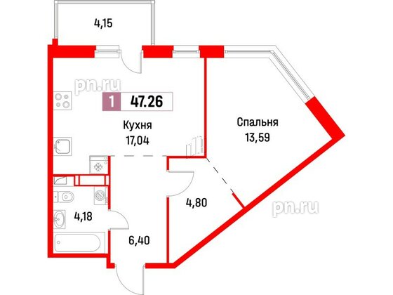 Квартира в ЖК Фотограф, 1 комнатная, 47.26 м², 4 этаж