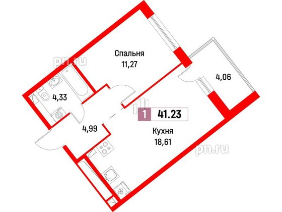 Квартира в ЖК Фотограф, 1 комнатная, 41.23 м², 2 этаж