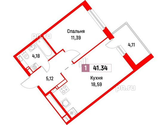 Квартира в ЖК Фотограф, 1 комнатная, 41.34 м², 5 этаж