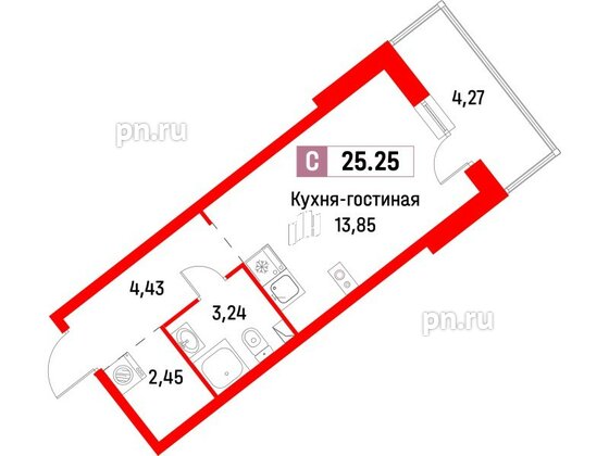 Квартира в ЖК Фотограф, студия, 25.25 м², 2 этаж