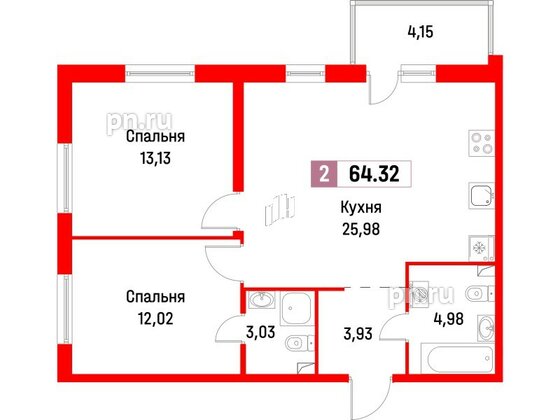 Квартира в ЖК Фотограф, 2 комнатная, 64.32 м², 2 этаж