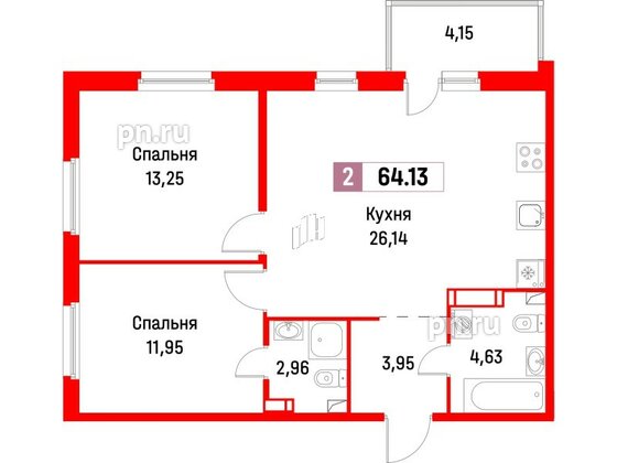 Квартира в ЖК Фотограф, 2 комнатная, 64.13 м², 3 этаж