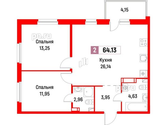 Квартира в ЖК Фотограф, 2 комнатная, 64.13 м², 6 этаж