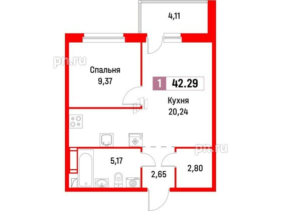 Квартира в ЖК Фотограф, 1 комнатная, 42.29 м², 5 этаж