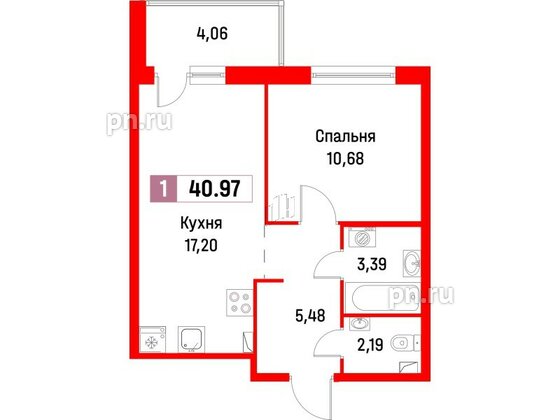 Квартира в ЖК Фотограф, 1 комнатная, 40.97 м², 2 этаж