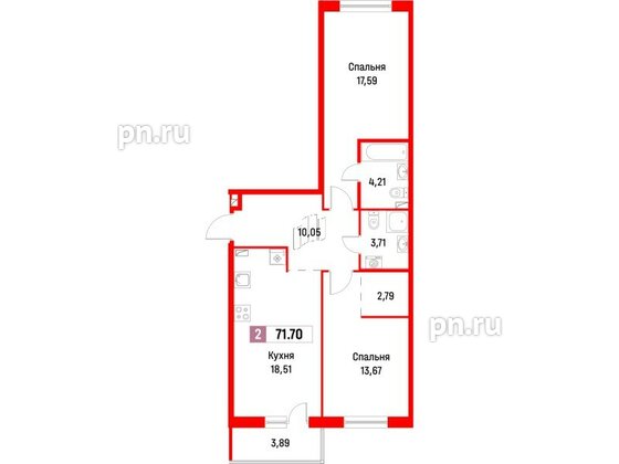 Квартира в ЖК Фотограф, 2 комнатная, 71.7 м², 2 этаж