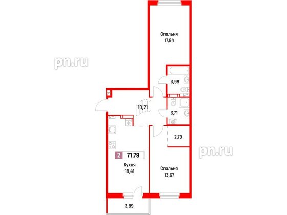 Квартира в ЖК Фотограф, 2 комнатная, 71.79 м², 3 этаж