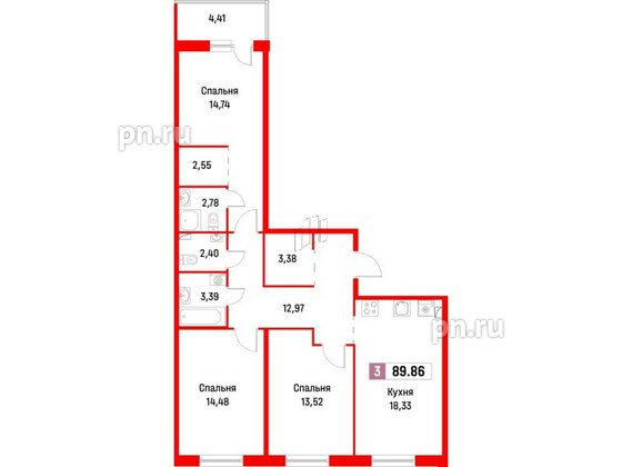 Квартира в ЖК Фотограф, 3 комнатная, 89.86 м², 2 этаж