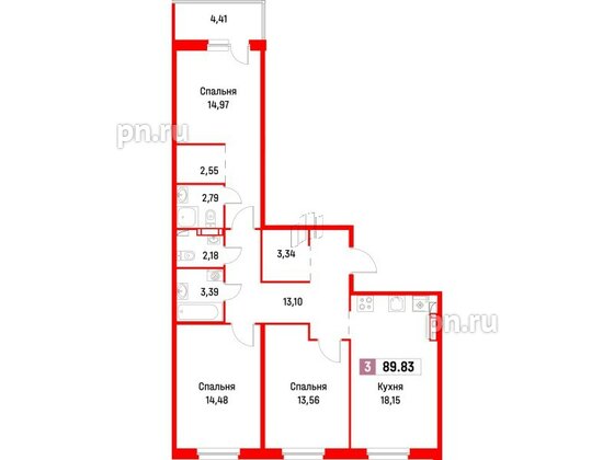 Квартира в ЖК Фотограф, 3 комнатная, 89.83 м², 3 этаж