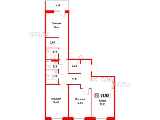 Квартира в ЖК Фотограф, 3 комнатная, 89.83 м², 4 этаж