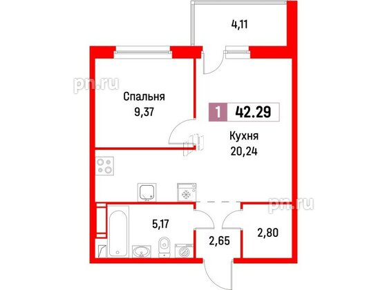 Квартира в ЖК Фотограф, 1 комнатная, 42.29 м², 4 этаж