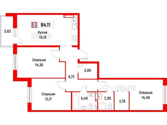 Квартира в ЖК Фотограф, 3 комнатная, 84.11 м², 4 этаж