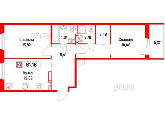 Квартира в ЖК Фотограф, 2 комнатная, 61.16 м², 3 этаж