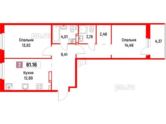 Квартира в ЖК Фотограф, 2 комнатная, 61.16 м², 5 этаж