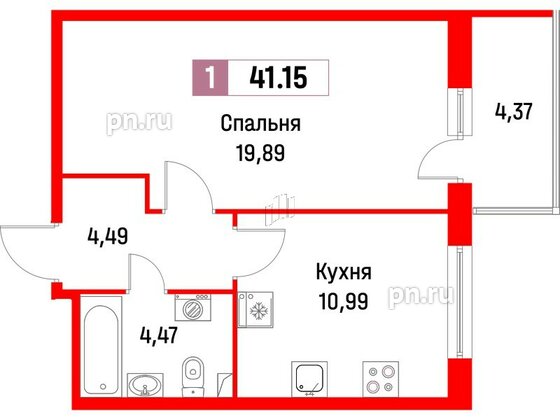 Квартира в ЖК Фотограф, 1 комнатная, 41.15 м², 2 этаж