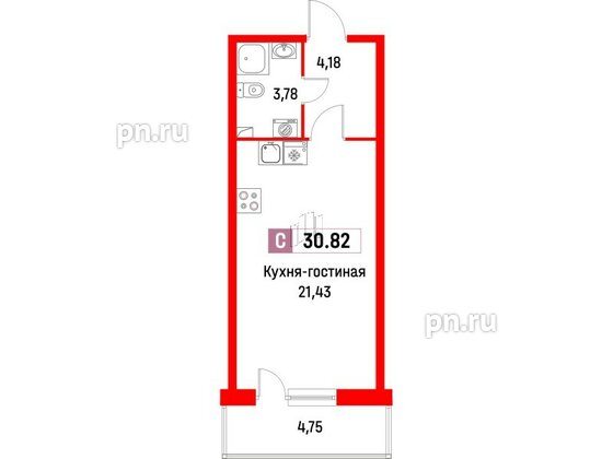 Квартира в ЖК Фотограф, студия, 30.82 м², 2 этаж