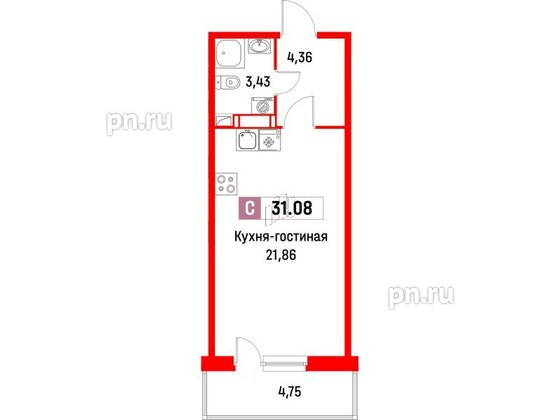 Квартира в ЖК Фотограф, студия, 31.08 м², 4 этаж