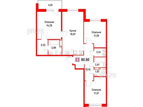 Квартира в ЖК Фотограф, 3 комнатная, 83.5 м², 3 этаж