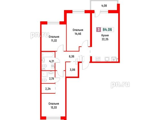 Квартира в ЖК Фотограф, 3 комнатная, 84.06 м², 2 этаж