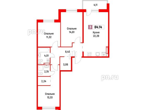 Квартира в ЖК Фотограф, 3 комнатная, 84.14 м², 6 этаж