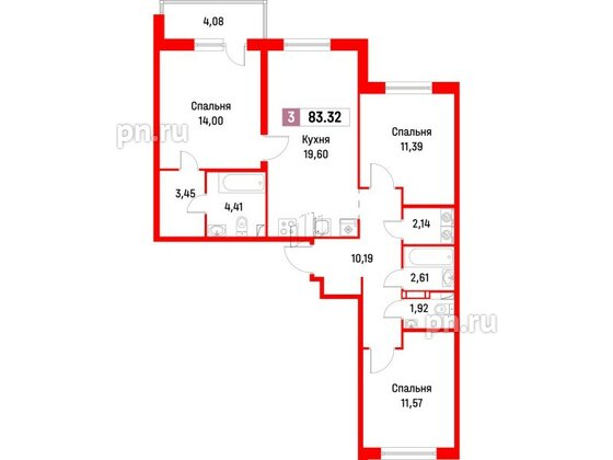 Квартира в ЖК Фотограф, 3 комнатная, 83.32 м², 2 этаж