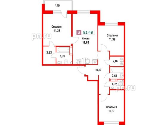 Квартира в ЖК Фотограф, 3 комнатная, 83.5 м², 4 этаж