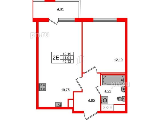 Квартира в ЖК ЯСНО.ЯНИНО, 1 комнатная, 41.01 м², 2 этаж