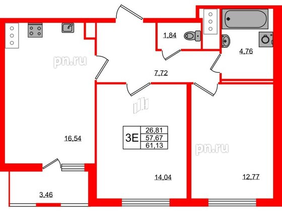 Квартира в ЖК ЯСНО.ЯНИНО, 2 комнатная, 57.67 м², 3 этаж