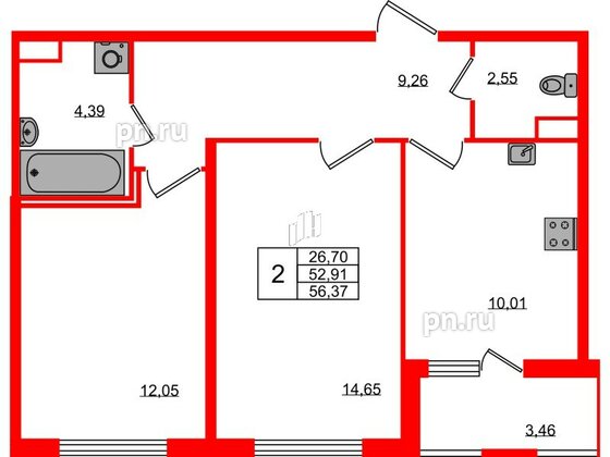 Квартира в ЖК ЯСНО.ЯНИНО, 2 комнатная, 52.91 м², 1 этаж