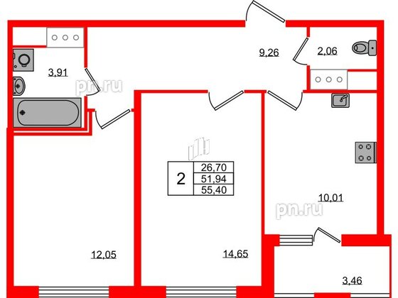 Квартира в ЖК ЯСНО.ЯНИНО, 2 комнатная, 51.94 м², 4 этаж