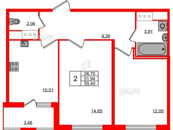 Квартира в ЖК ЯСНО.ЯНИНО, 2 комнатная, 51.94 м², 2 этаж