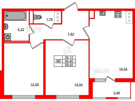 Квартира в ЖК ЯСНО.ЯНИНО, 2 комнатная, 56.46 м², 4 этаж