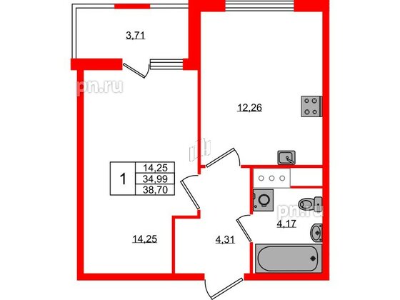 Квартира в ЖК ЯСНО.ЯНИНО, 1 комнатная, 34.99 м², 4 этаж