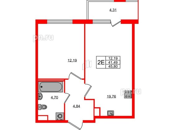 Квартира в ЖК ЯСНО.ЯНИНО, 1 комнатная, 41.49 м², 1 этаж