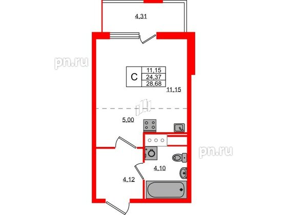 Квартира в ЖК ЯСНО.ЯНИНО, студия, 24.37 м², 3 этаж