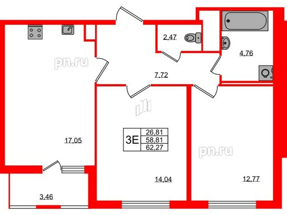 Квартира в ЖК ЯСНО.ЯНИНО, 2 комнатная, 58.81 м², 1 этаж