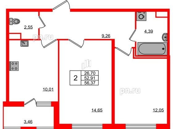 Квартира в ЖК ЯСНО.ЯНИНО, 2 комнатная, 52.91 м², 1 этаж